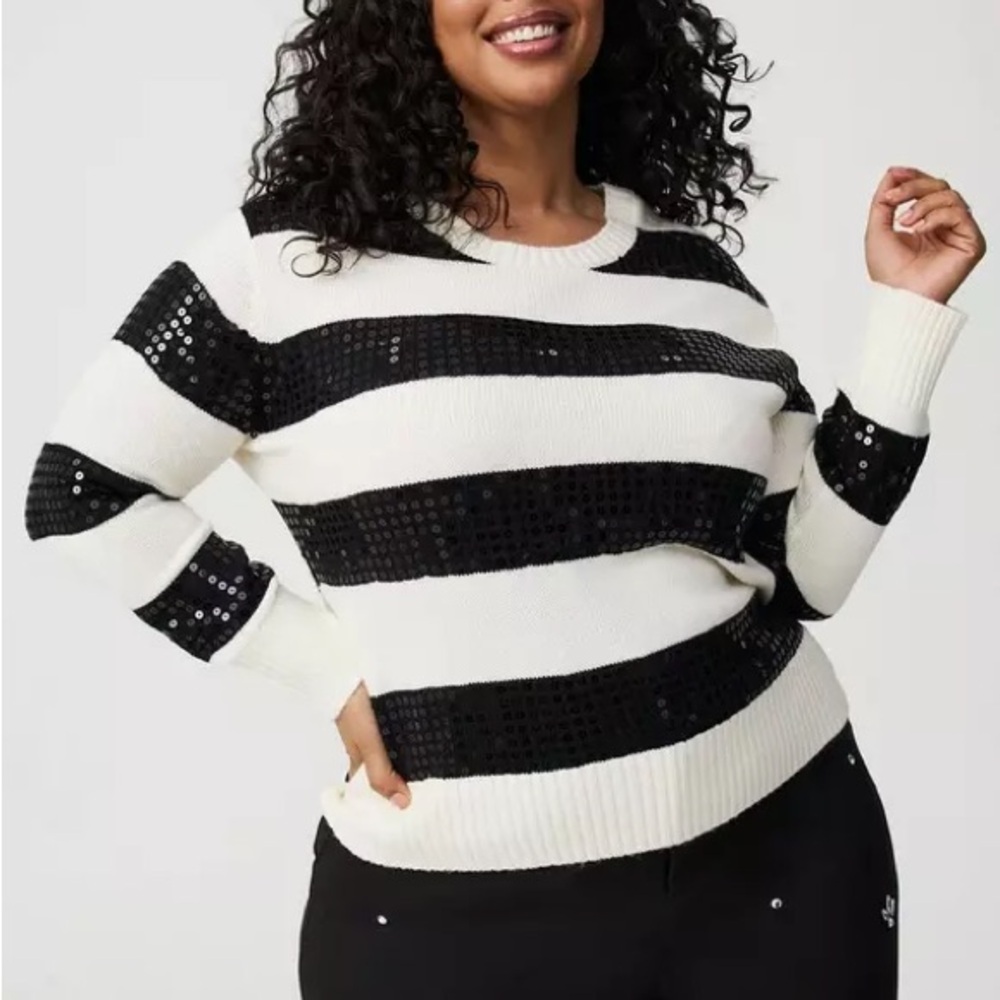 Torrid Black and White Striped Sequin Crewneck Sweater